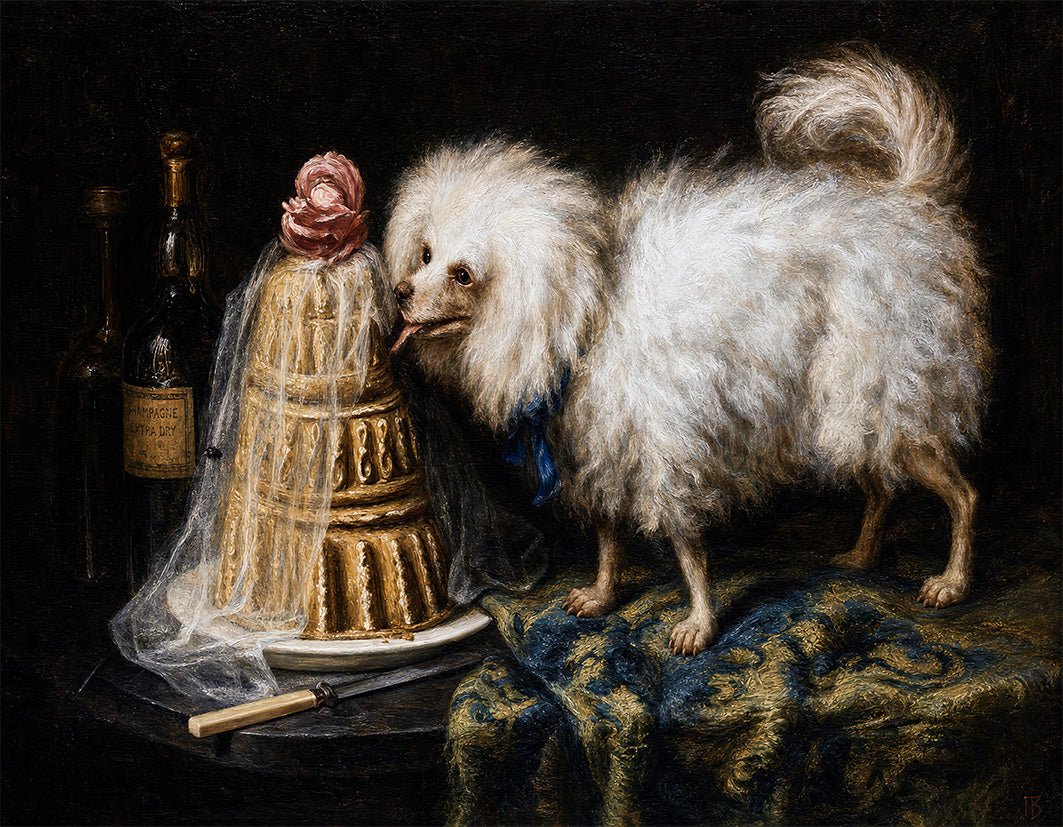 "Bichon léchant une pièce montée (1877)" by Raymond Alary - Reusable Peel-and-Stick Poster - Pasquín