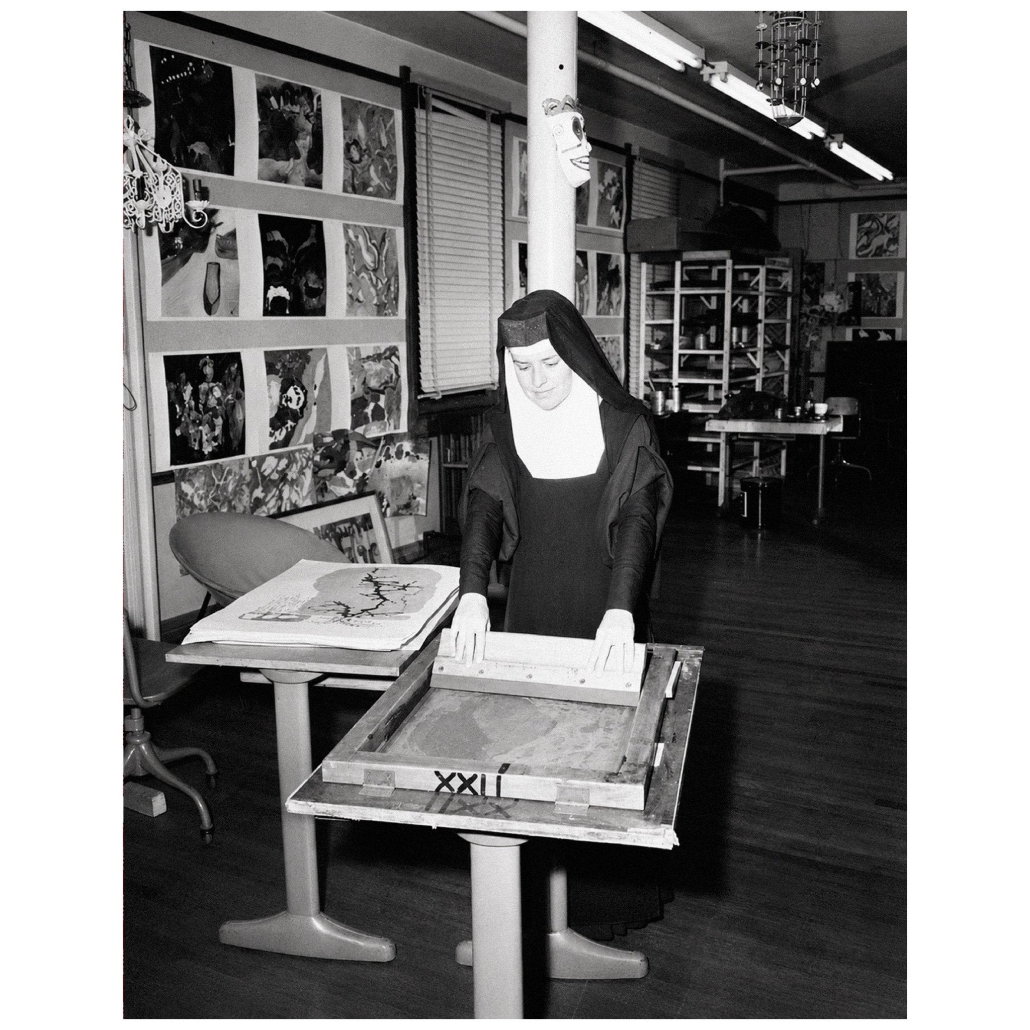 "Corita Kent Making a Screen Print" - Reusable Peel-and-Stick Poster - Pasquín