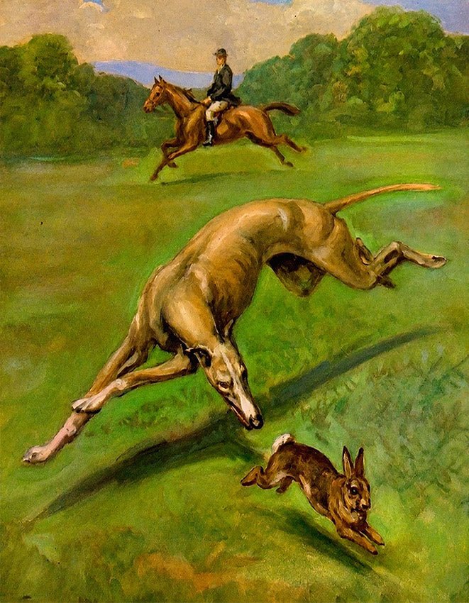 "Greyhound chasing a Rabbit" by Edwin Megargee.- Reusable Peel-and-Stick Poster - Pasquín