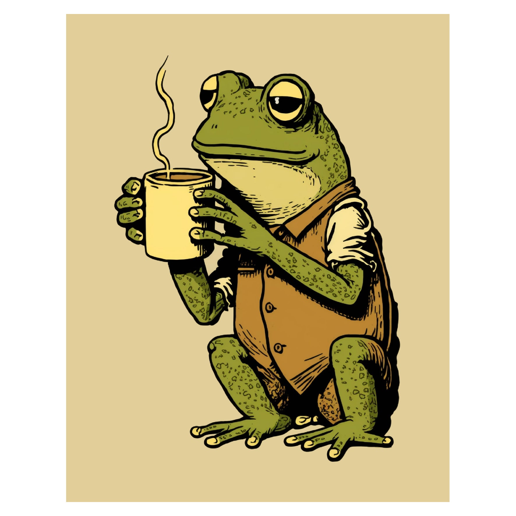 Decorative "Frog with a Cup" Illustration Poster | High - Quality Print | Repositionable Adhesive - Pasquín