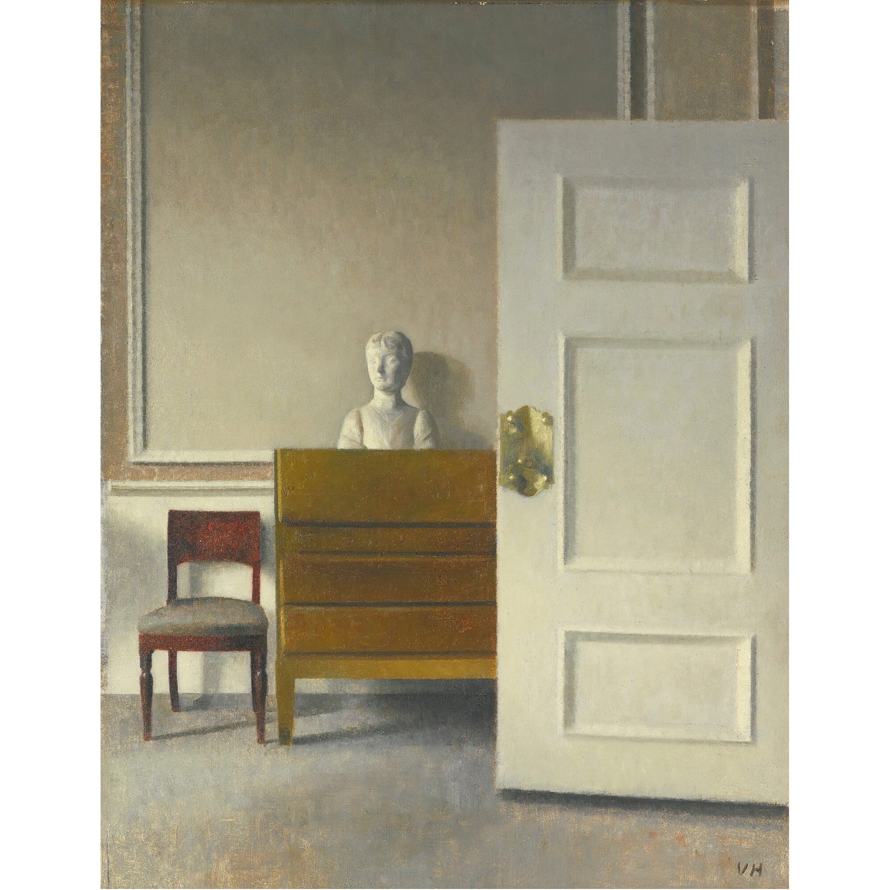 Decorative "Interior with a Bust" by Vilhelm Hammershøi Poster | High - Quality Print | Repositionable Adhesive - Pasquín Store