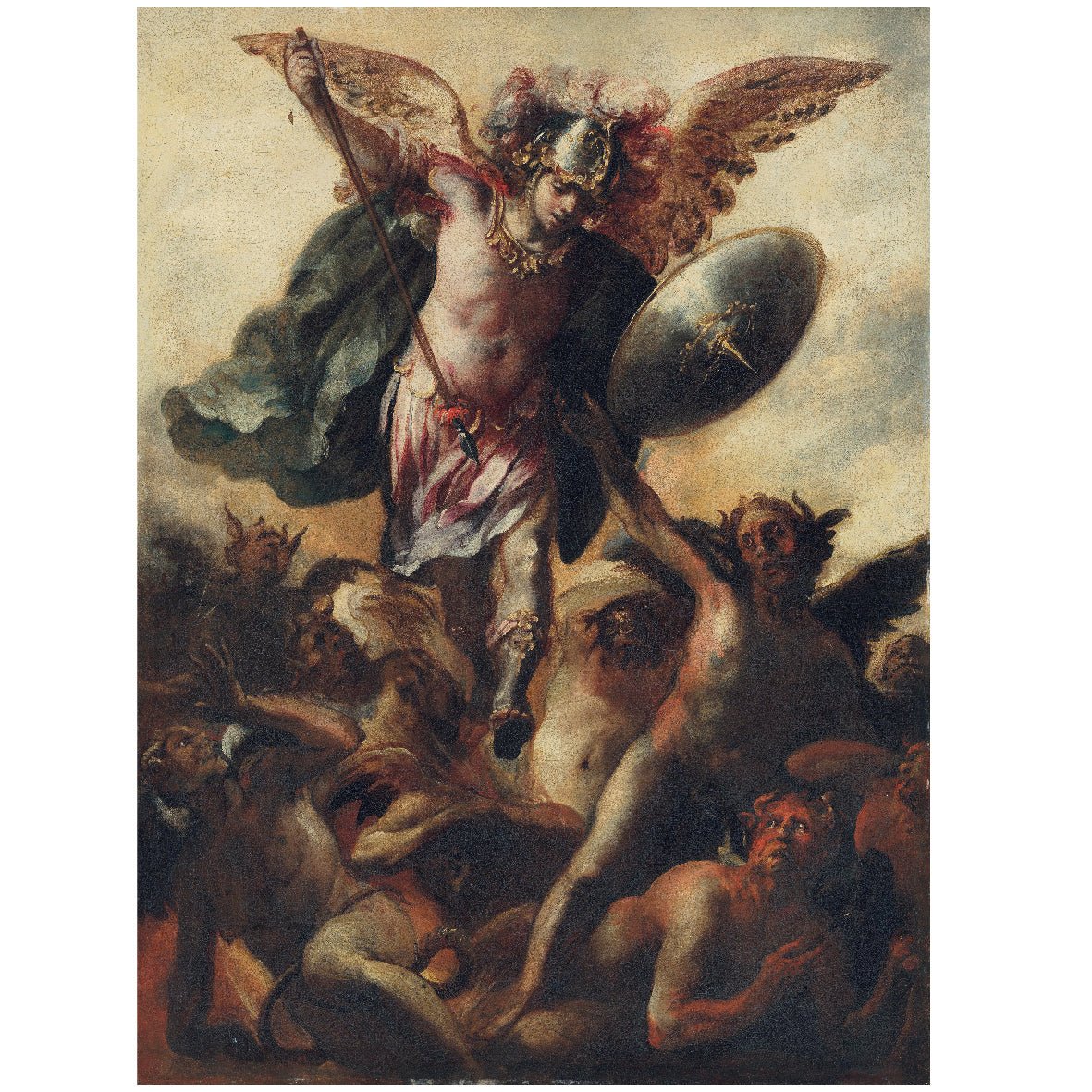 Decorative "Saint Michael Vanquishing the Devil (c.1700)" by Cristobal De Villalpando Poster | High - Quality Print | Repositionable Adhesive - Pasquín