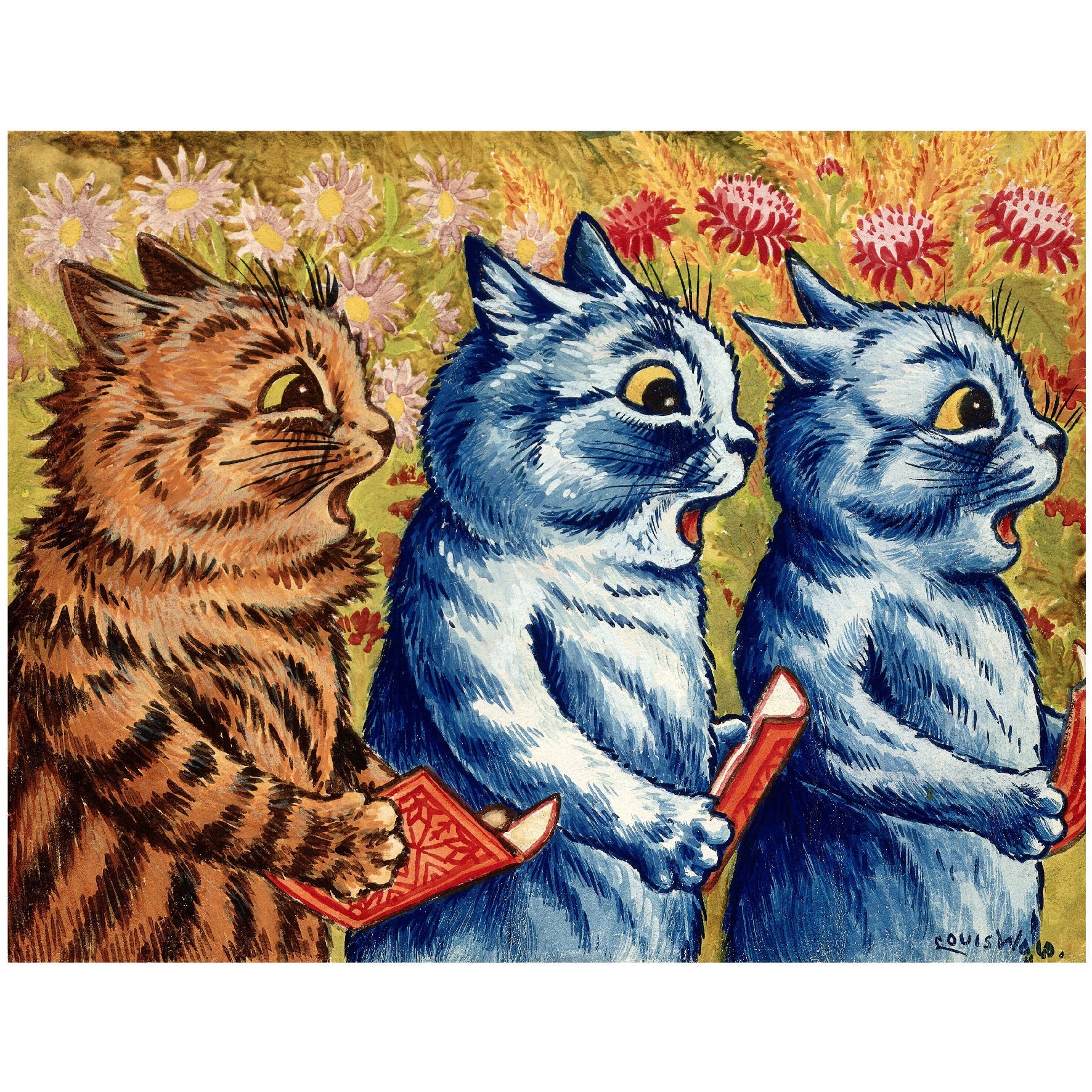 Decorative "Three Cats Singing" by Louis Wain Poster | High - Quality Print | Repositionable Adhesive - Pasquín