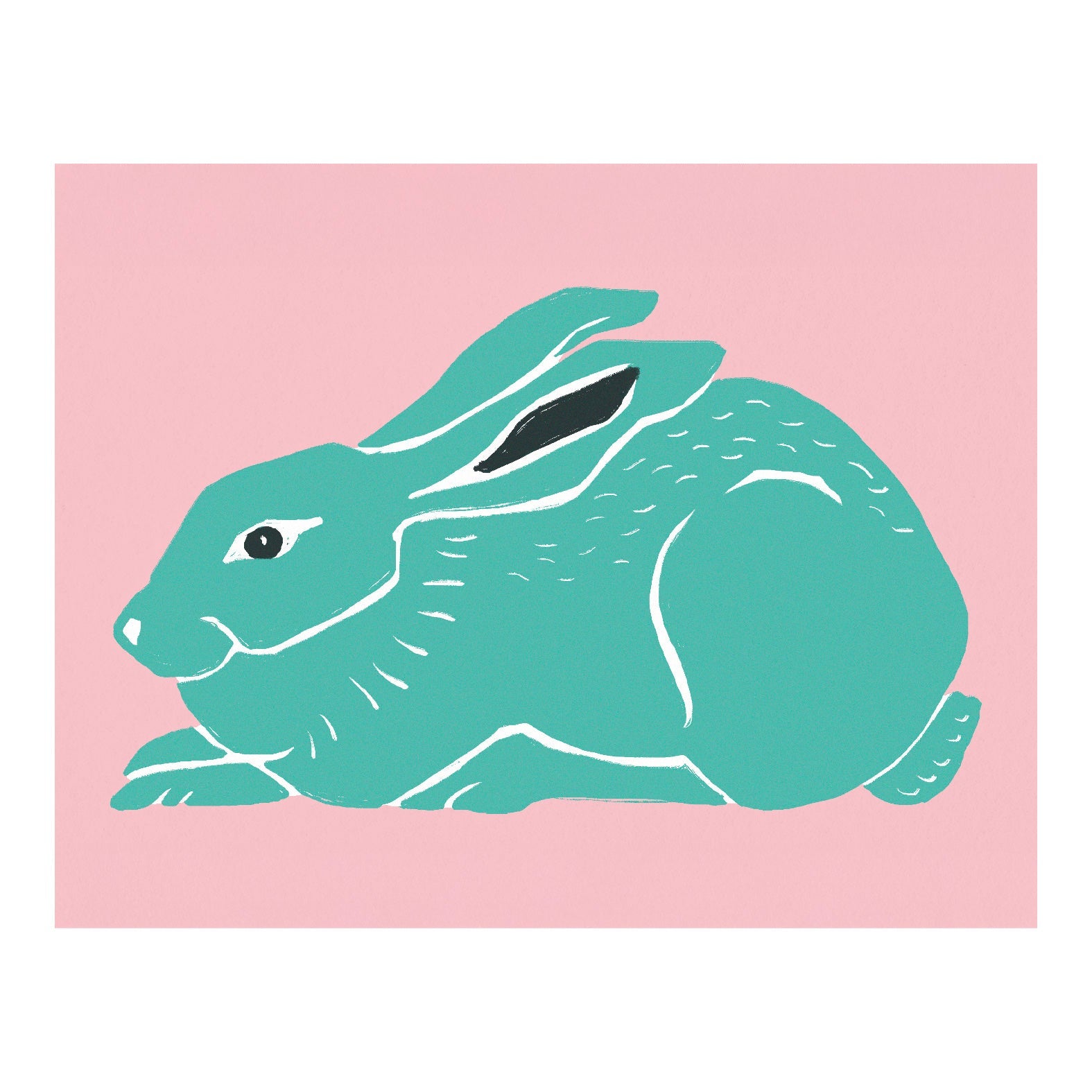 Decorative "Vintage Linocut Turquoise Rabbit" Poster | High - Quality Print | Repositionable Adhesive - Pasquín
