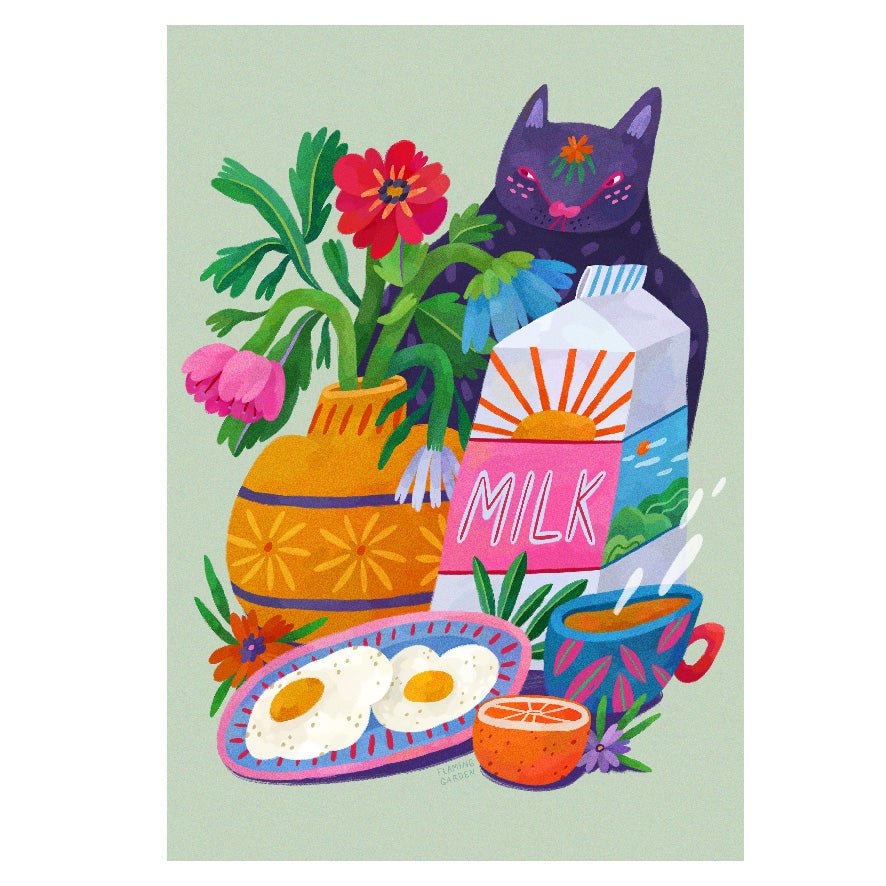 Feline Breakfast by Olga Lychkova Art Adhesive Poster - Repositionable and Eco - Friendly - Pasquín Store