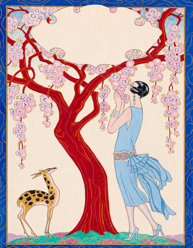 "Femme, faon et arbre rouge" by George Barbier- Reusable Peel-and-Stick Poster - Pasquín