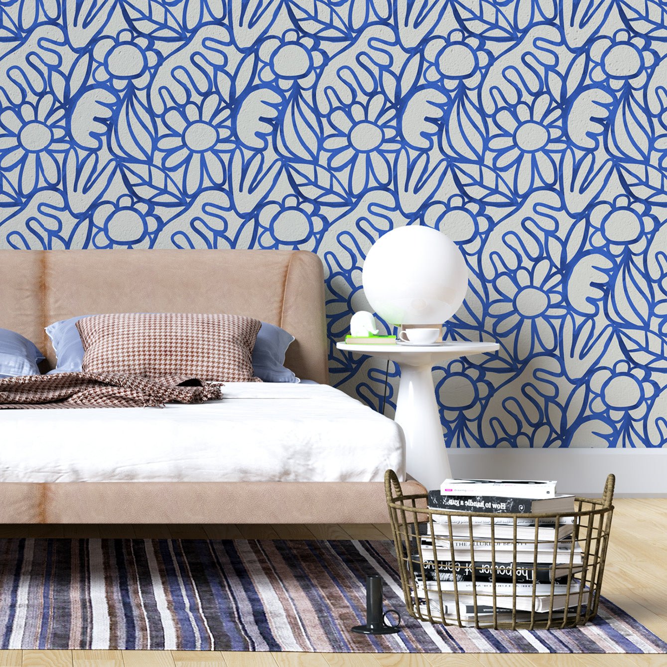 Flowers and Art Blue Wall Wallpaper - High - Quality Fabric, Not Vinyl - Pasquín Store