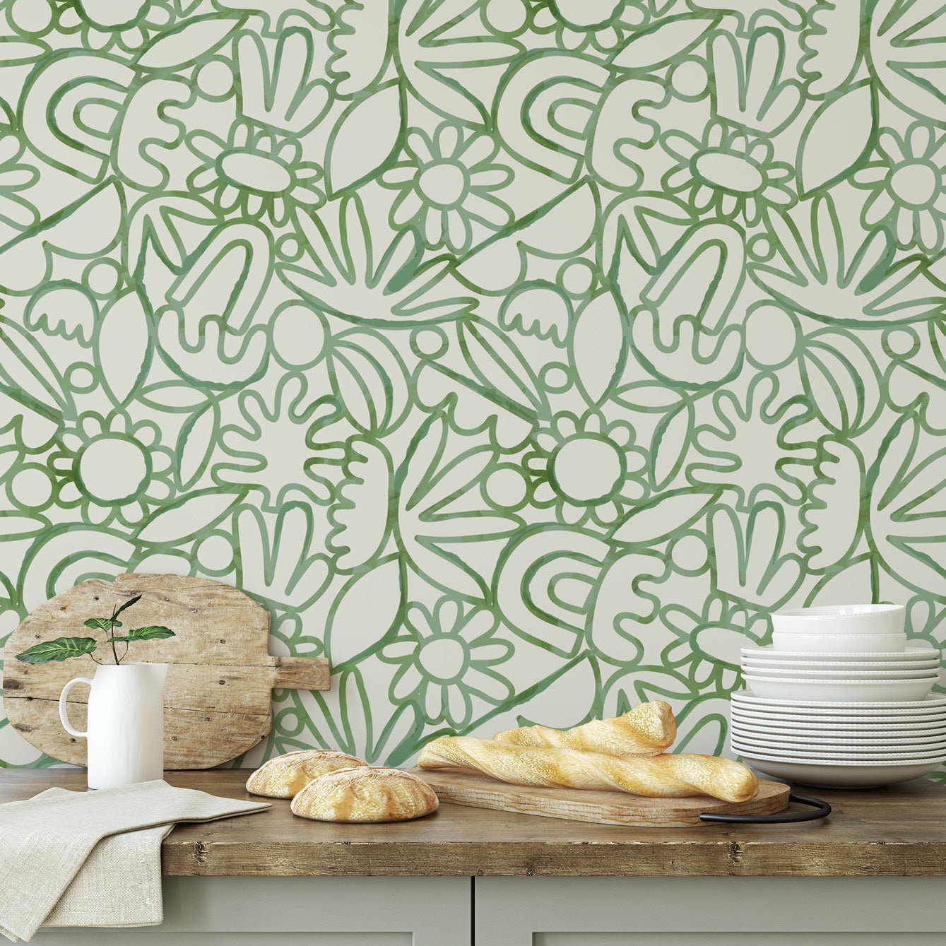 Flowers and Art Green Wall Wallpaper - High - Quality Fabric, Not Vinyl - Pasquín Store