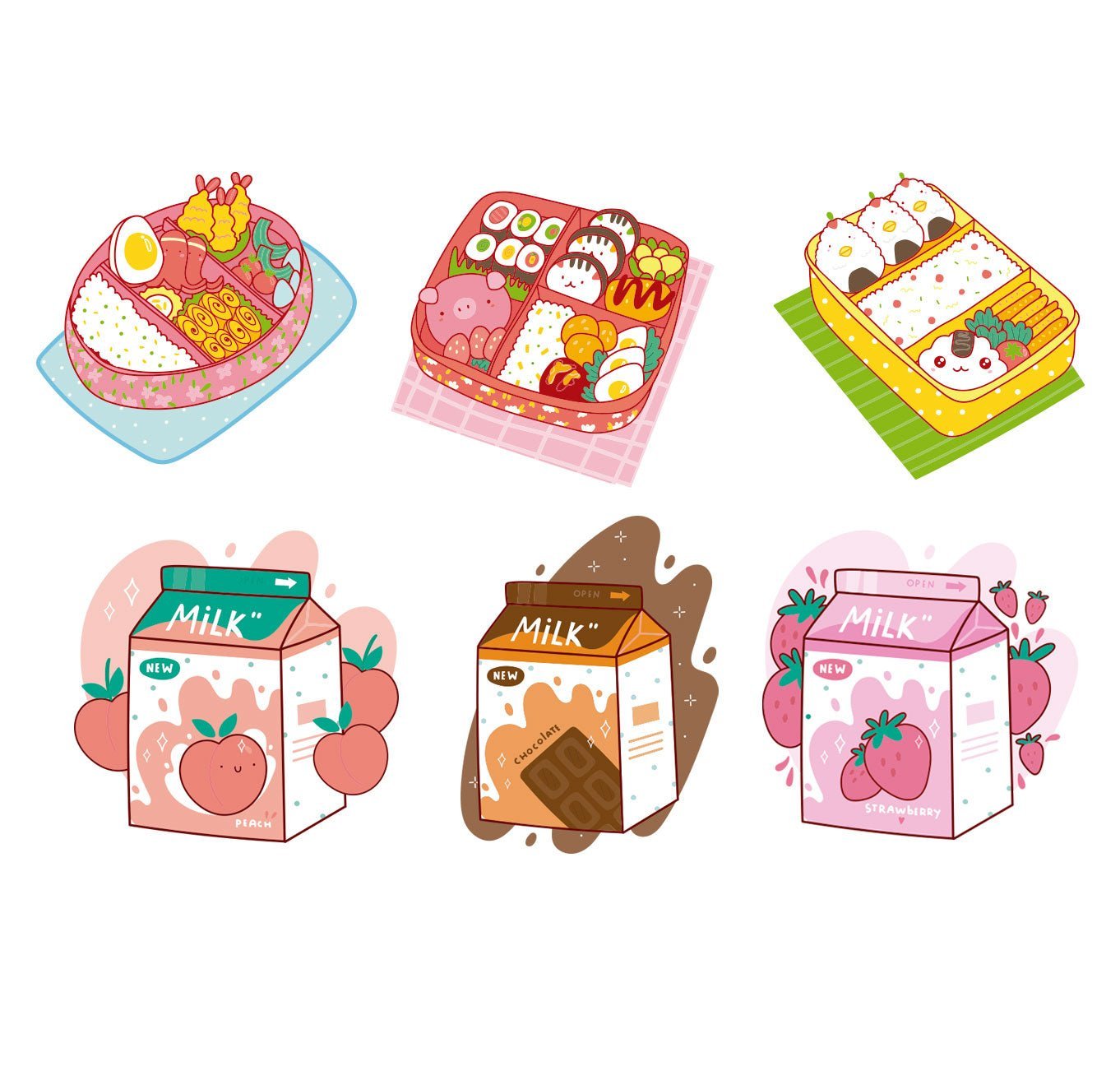 Set of 6 Reusable Stickers: Kawaii Dinner | High - Quality Print | Water - Resistant - Pasquín Store