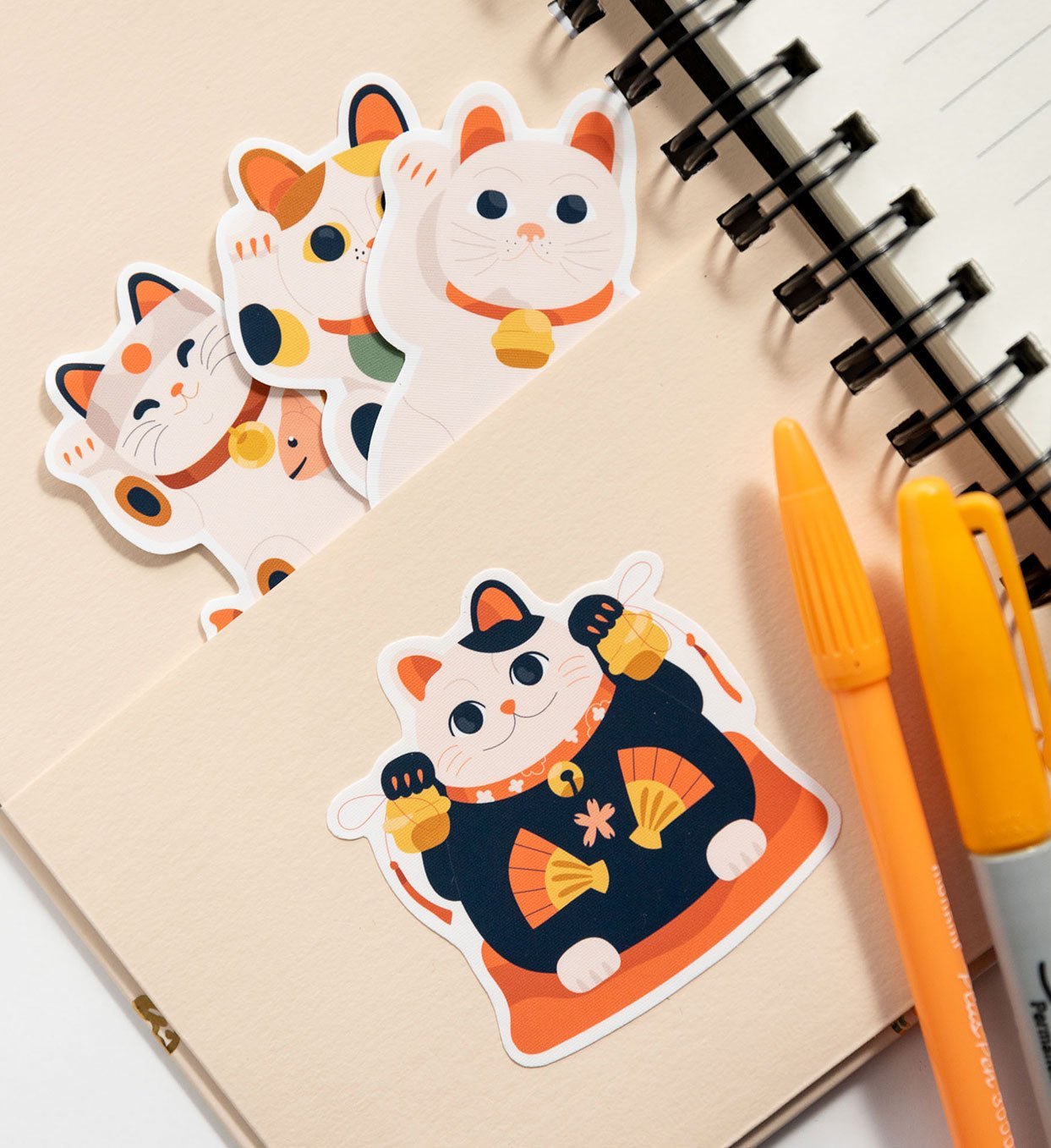 Set of 7 Reusable Stickers: Maneki - neko, Good Luck Cats | High - Quality Print | Water - Resistant - Pasquín Store