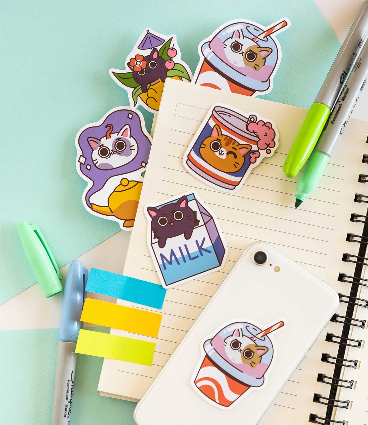 Set of 8 Reusable Stickers: Crazy Cats | High - Quality Print | Water - Resistant - Pasquín Store