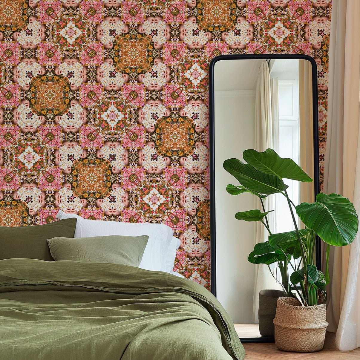 Woman and Flowers Geometric Details Adhesive Wallpaper - Easy Peel and Stick Installation - Pasquín Store